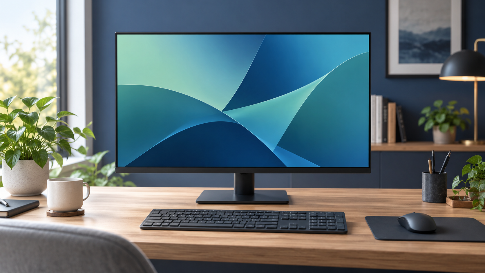 木製デスクに置かれたPCモニターのAI生成イメージ。Dell SE2726Dの実物写真ではありません。
