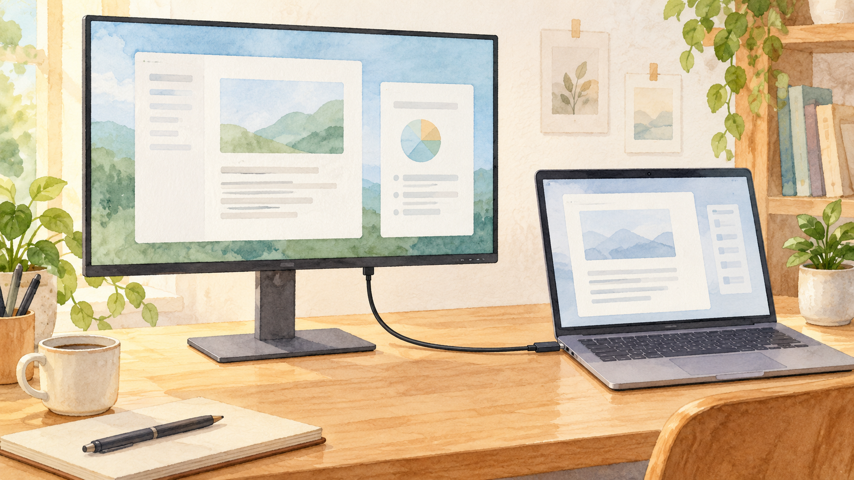一本のケーブルでつながったモニターとノートPCを置いた机のイラスト