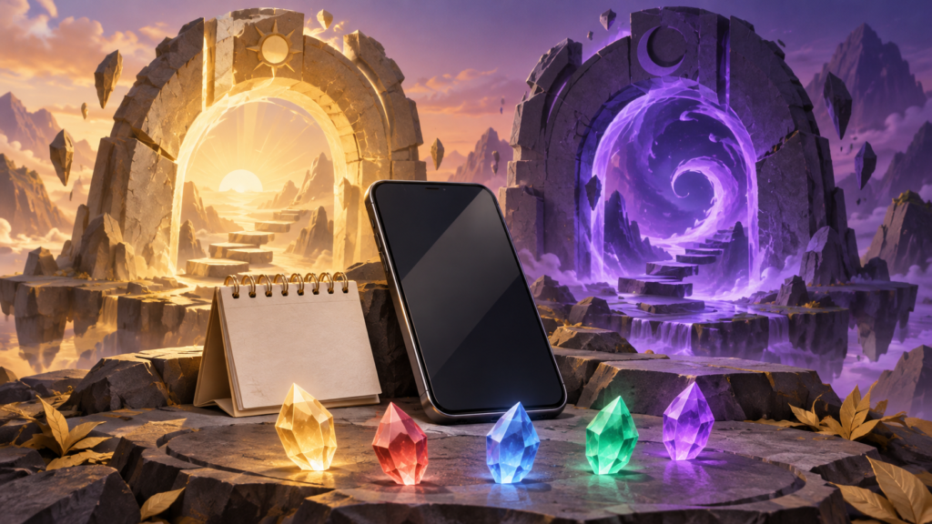スマートフォンと二つの光る門、報酬の結晶とカレンダーを描いた生成イメージ。実際のゲーム画面ではありません。