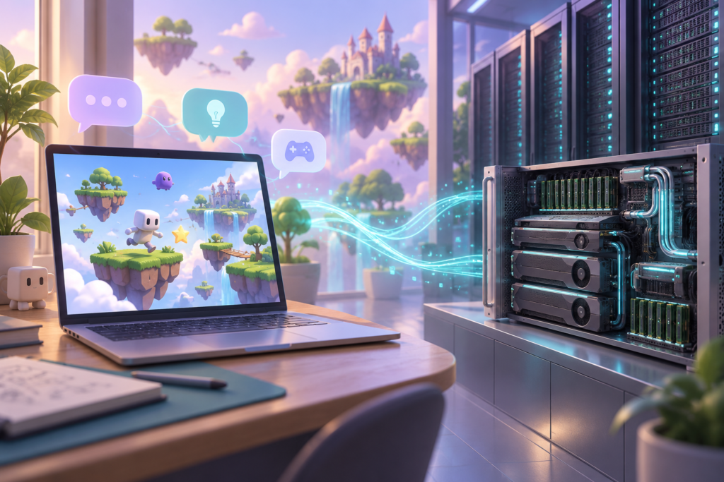 会話で作るゲームを映したノートPCと、GPU・メモリ・冷却を備えるAIサーバーの概念画像