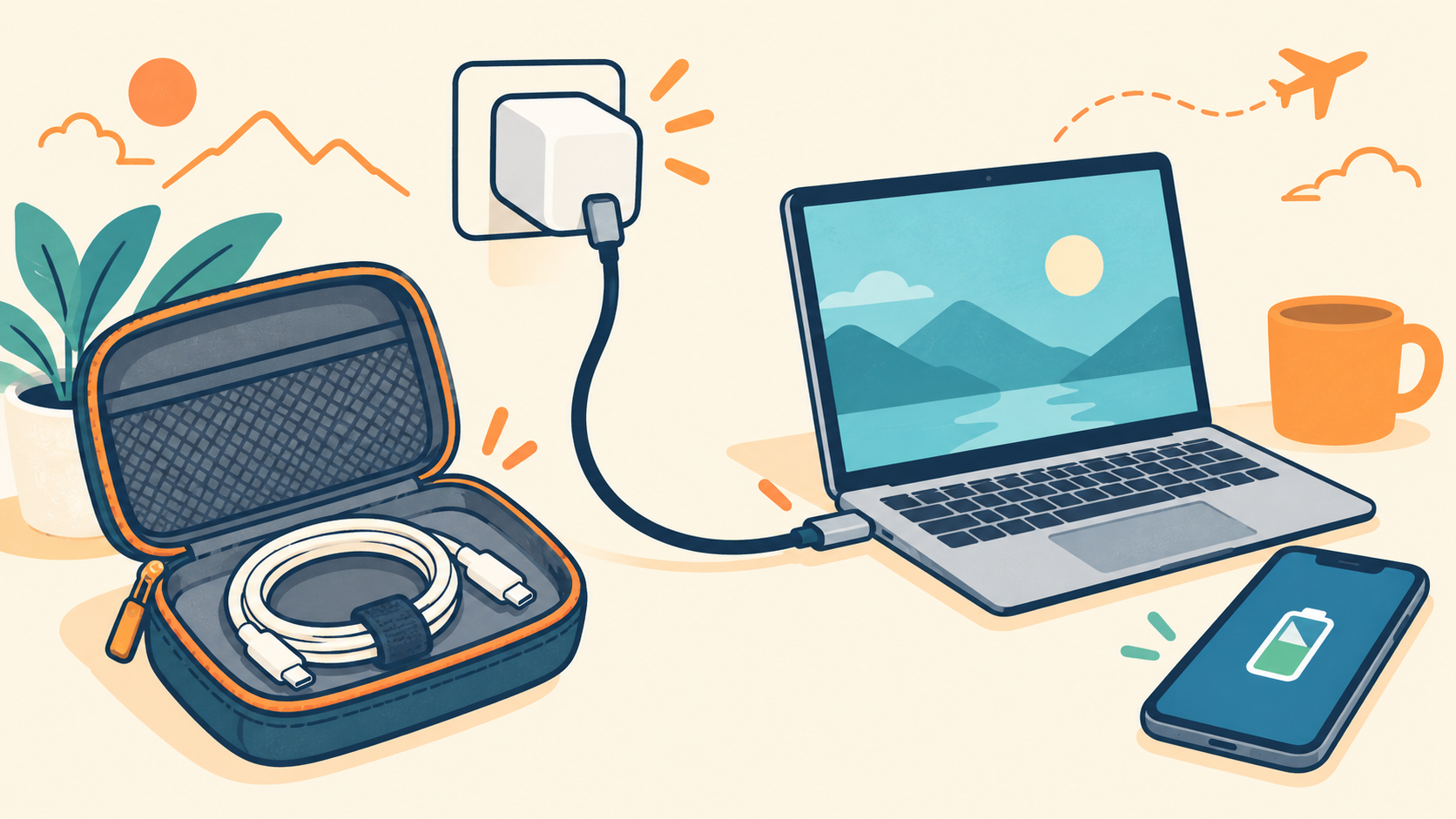 ケーブル入りのポーチと、充電器につないだノートPC、電池を表示するスマートフォンのイラスト