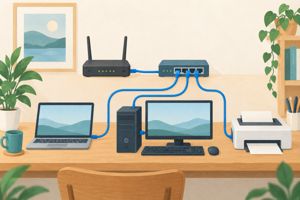 ルーターとスイッチングハブを通じてパソコンとプリンターをLANケーブルでつなぐイラスト
