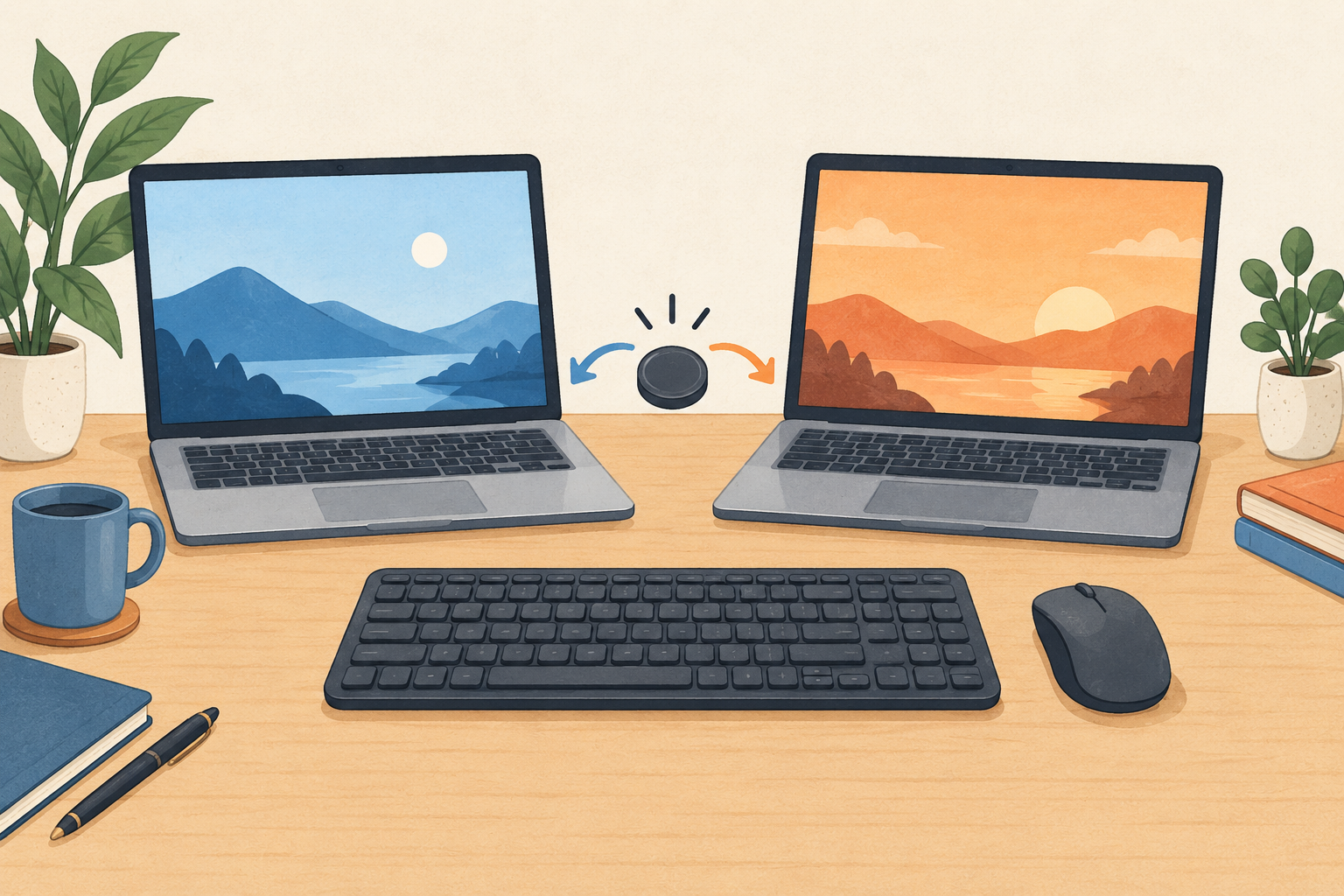 2台のノートPCと一組のキーボード・マウス、切替を表すボタンと矢印のイラスト