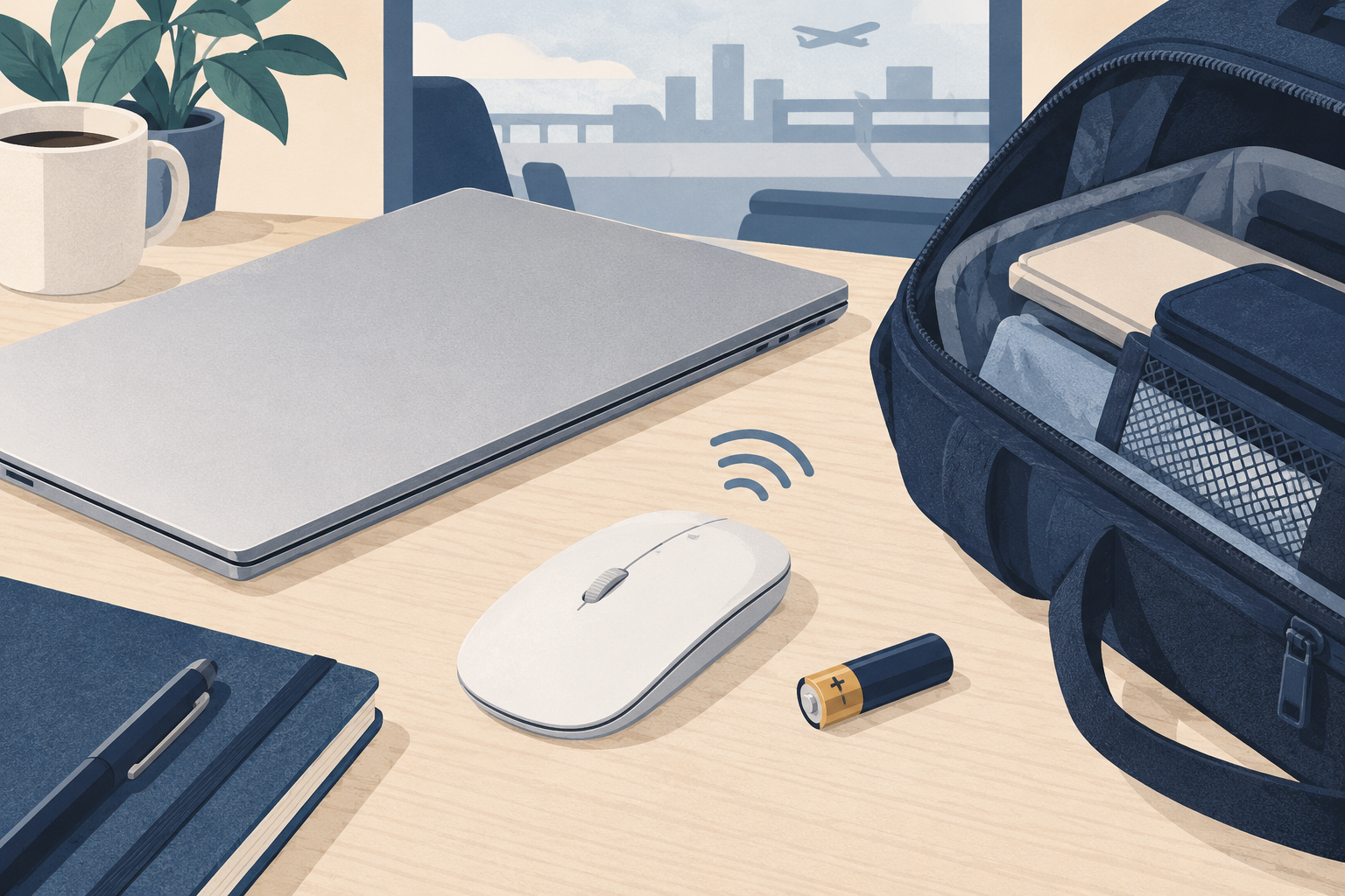 ノートPCと白い薄型マウス、単3形電池、旅行用バッグを描いたイラスト
