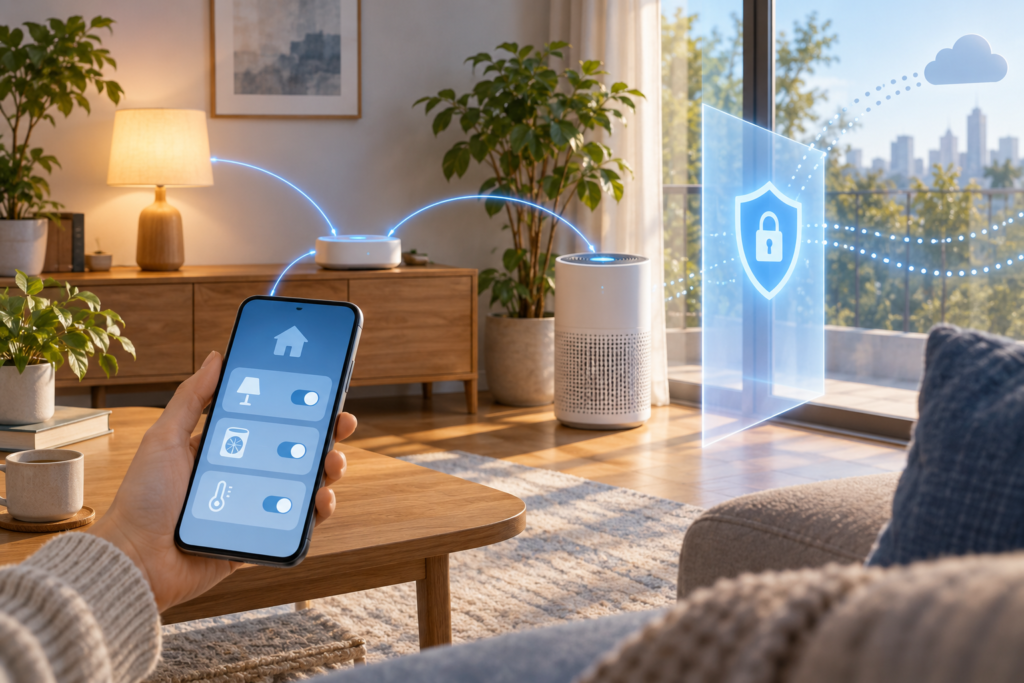 スマートフォンと家庭内ハブ、照明、空気清浄機をつなぎ、情報共有の制御を盾で表した概念イラスト