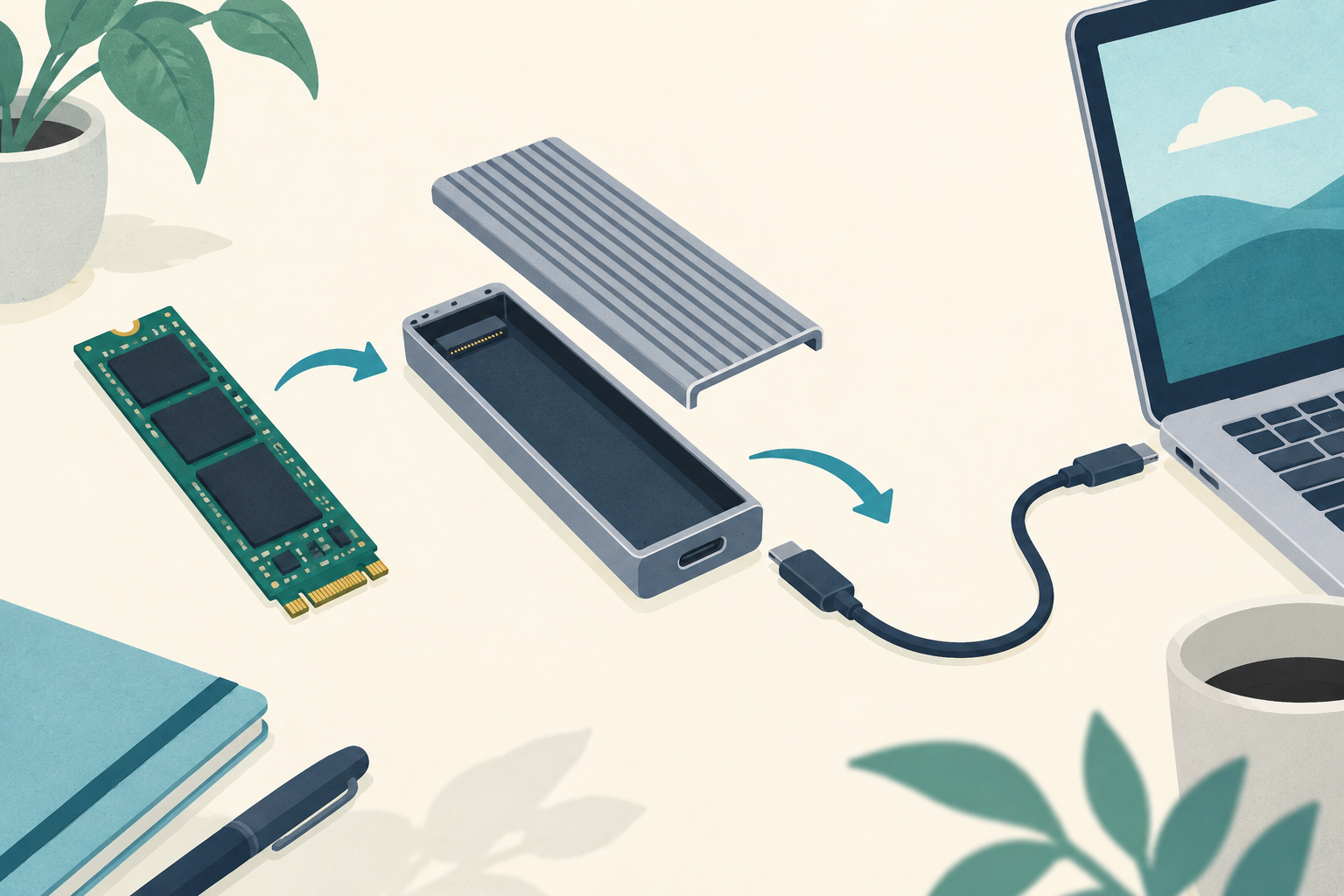 SSDの基板を外付けケースに入れ、USB-Cケーブルでノートパソコンにつなぐ様子のイラスト