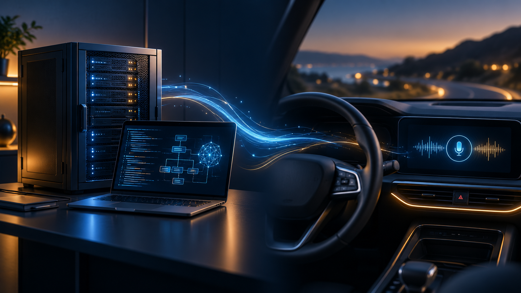 サーバーと開発用ノートPC、音声波形を表示する車内画面を組み合わせたAI活用の生成イメージ