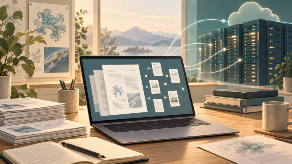 引用で結ばれた研究資料を表示するノートPCとクラウドAIのサーバーを描いた生成イラスト