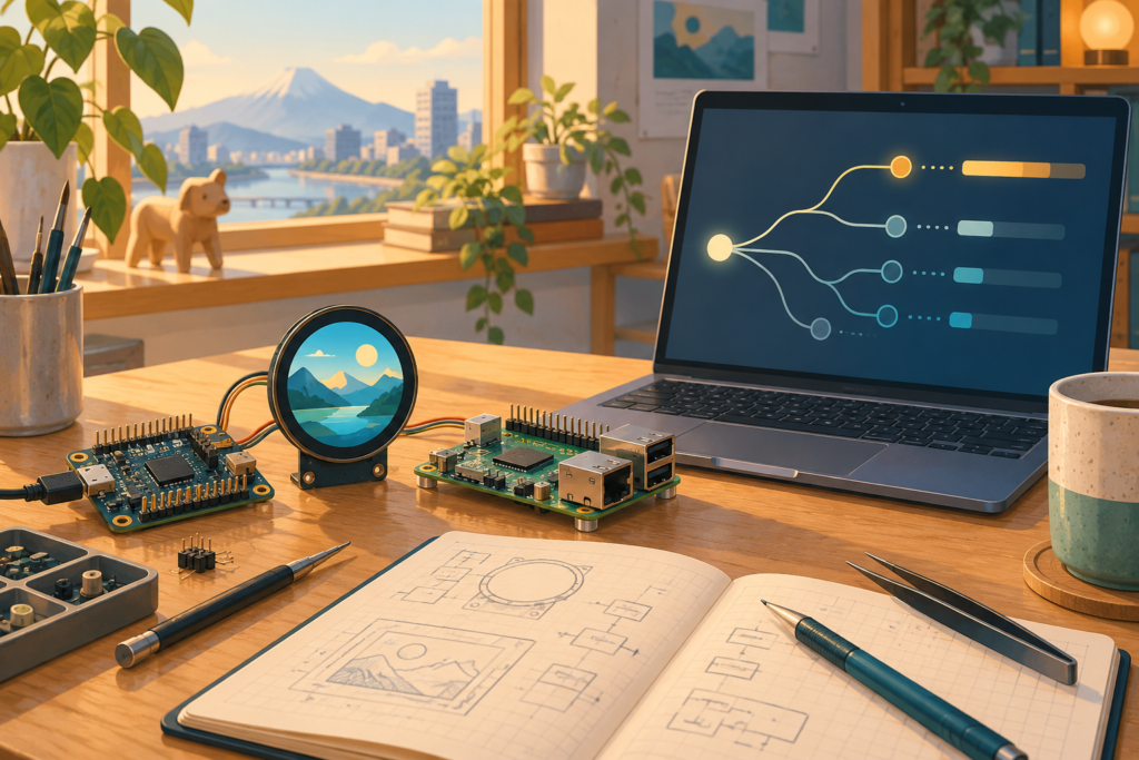 自作ガジェットの基板と小型画面、判断の分岐を表示したノートPCの生成イラスト
