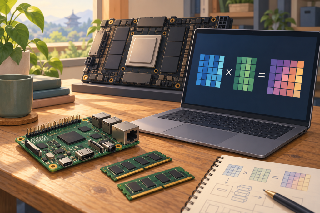 小型コンピューターとメモリーチップ、行列演算を表すノートPCとAI基板の生成イラスト