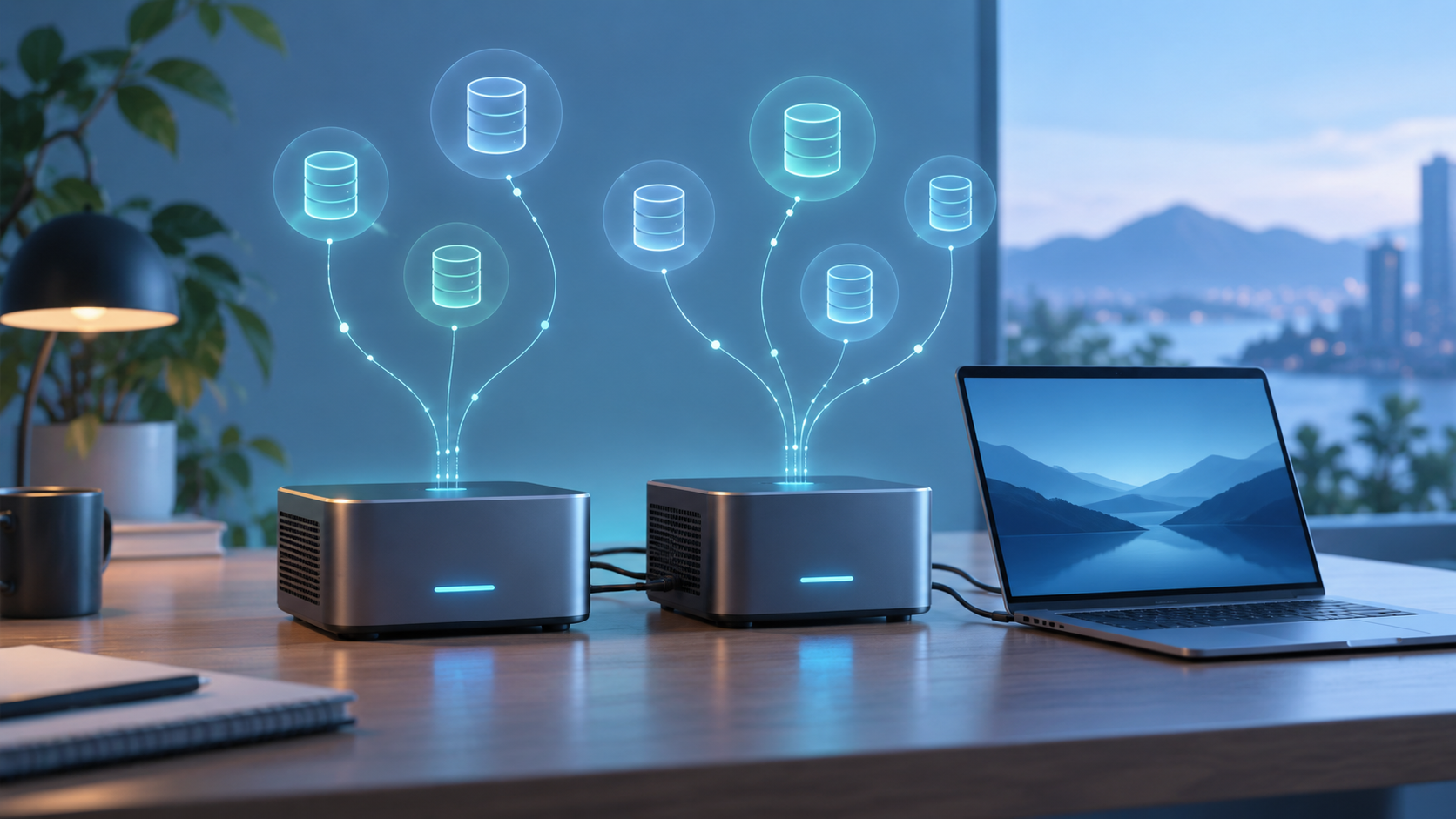 接続された2台の小型コンピューターとノートPC、独立したデータベースを表す概念イラスト