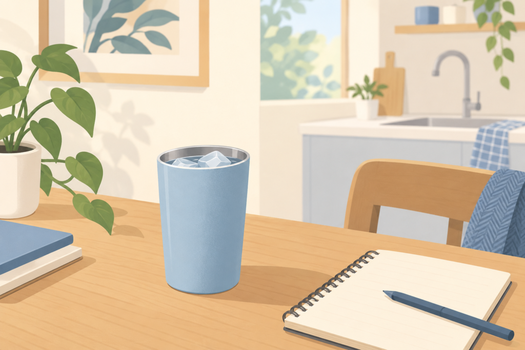 台所の見える机に氷入りのタンブラーとノートを置いたイラスト