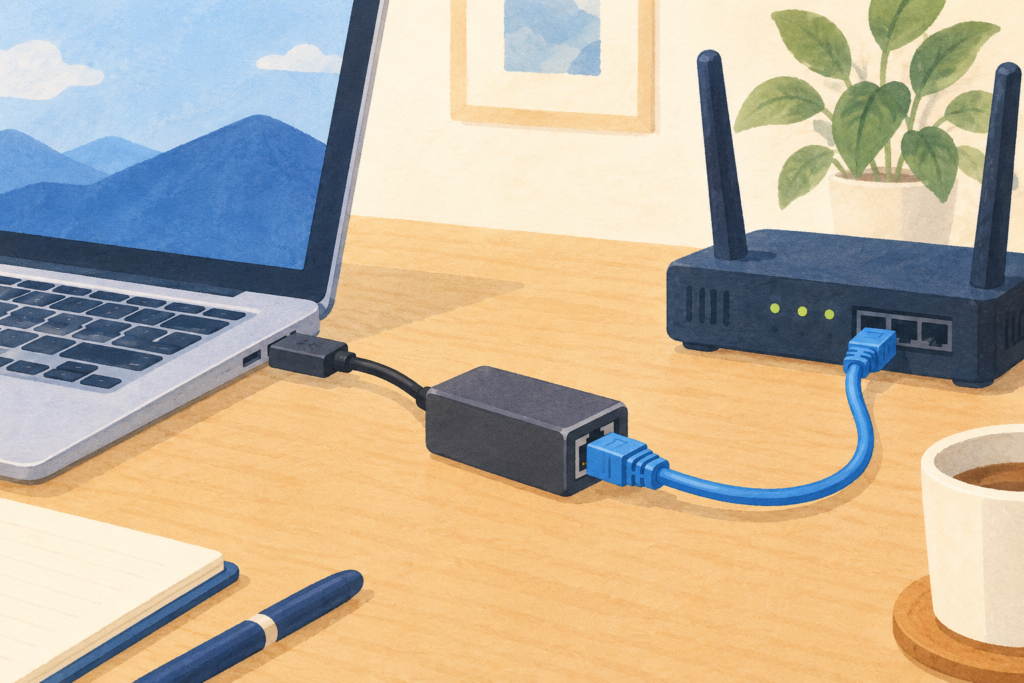 ノートPCをUSB有線LANアダプターと青いLANケーブルでルーターにつないだ机上のイラスト