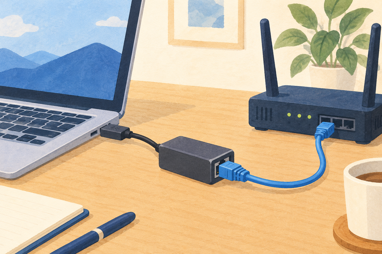 ノートPCをUSB有線LANアダプターと青いLANケーブルでルーターにつないだ机上のイラスト