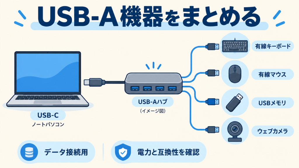 USB-C接続のノートパソコンからハブを介して有線キーボード、マウス、USBメモリ、ウェブカメラをつなぐ図解
