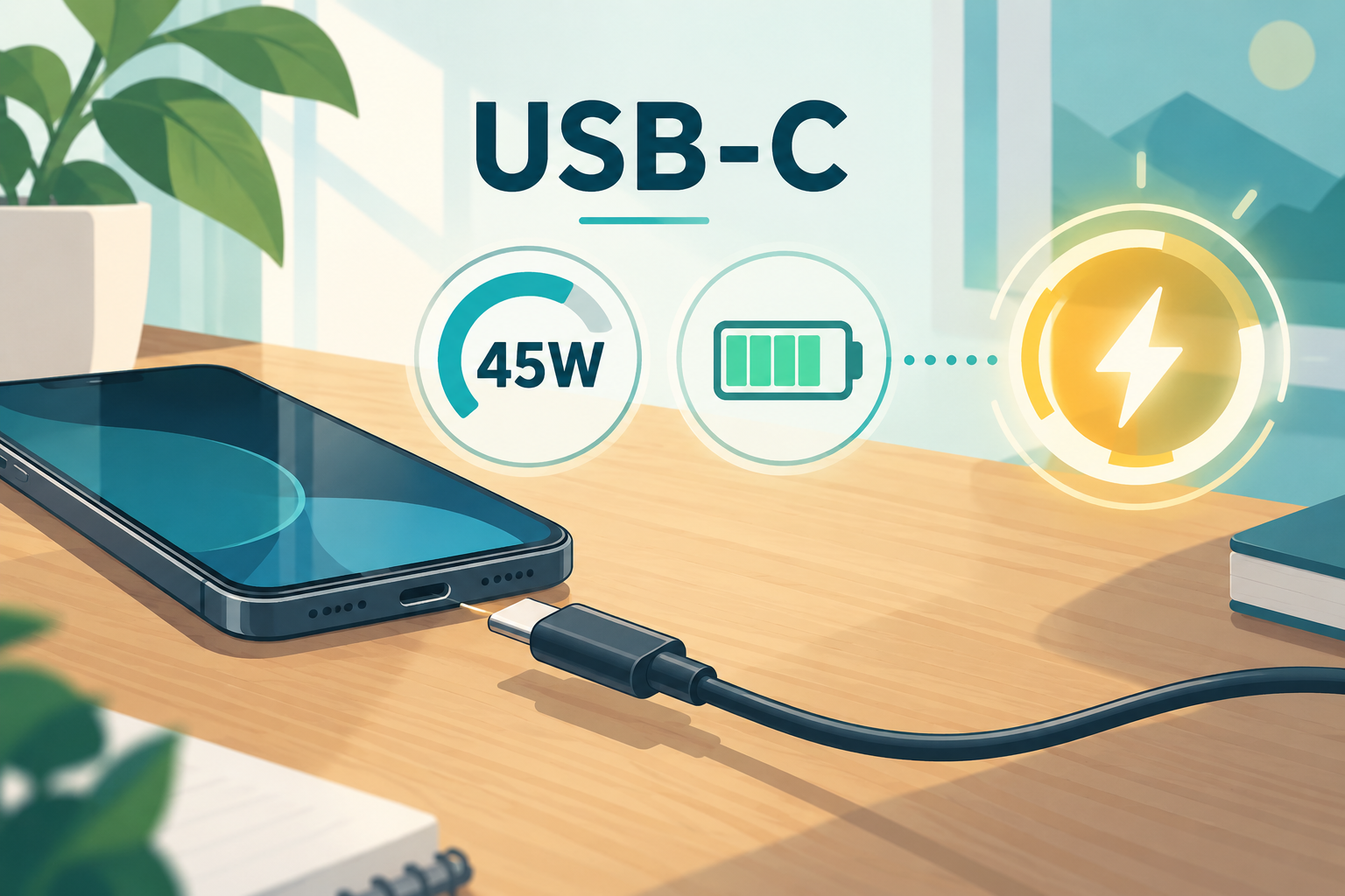 机の上のスマートフォンとUSB-Cケーブル、45Wの出力と電池を表すアイコン