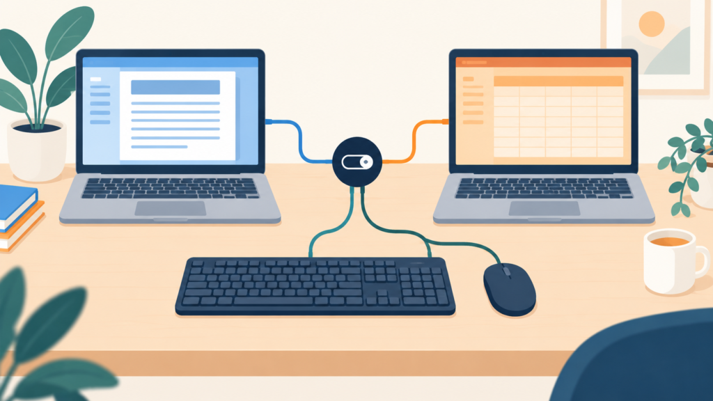 2台のノートPCで1組のキーボードとマウスを切り替える接続イラスト
