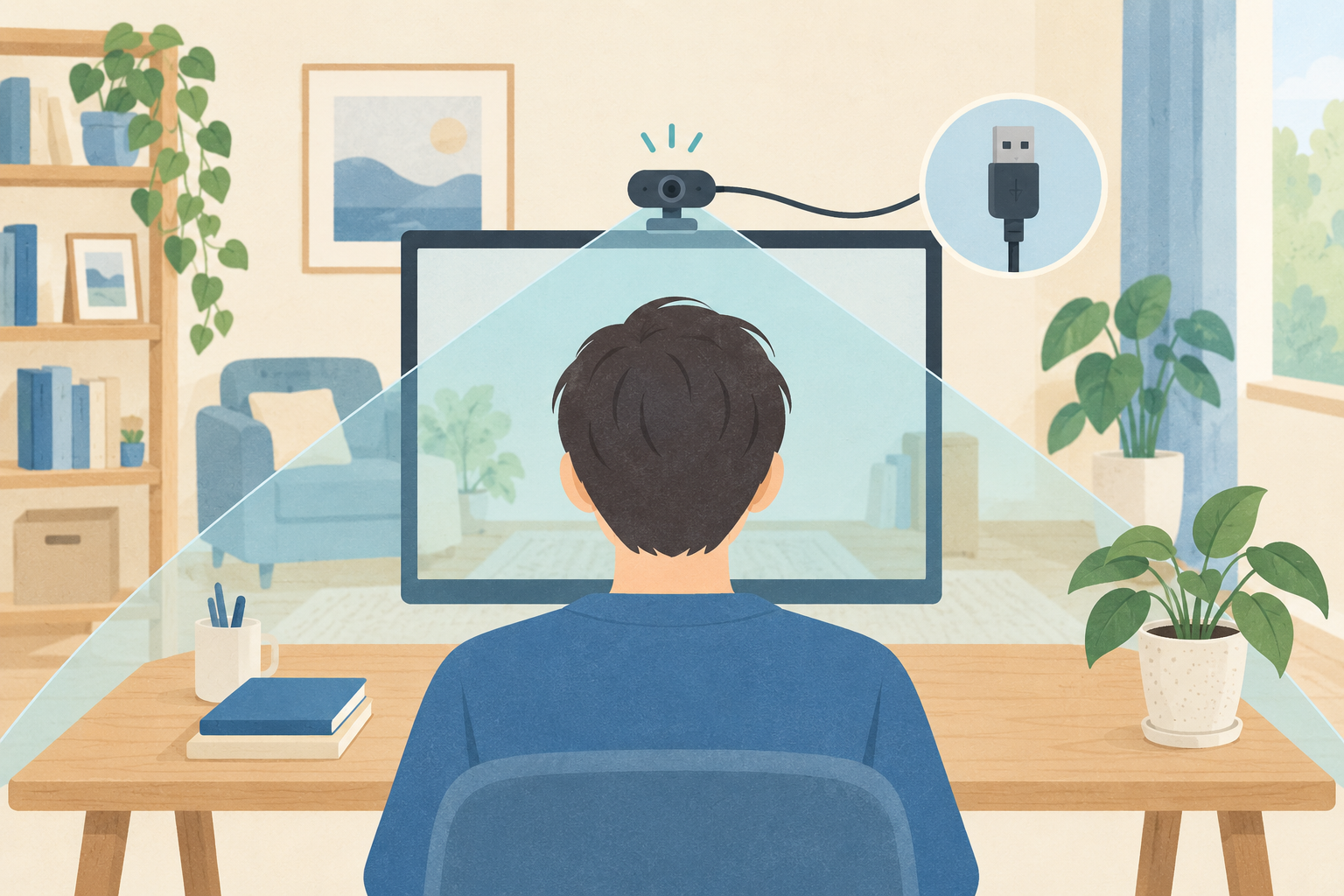 モニター上のWebカメラに向かって座る人と撮影範囲、USB-A端子を描いたイラスト