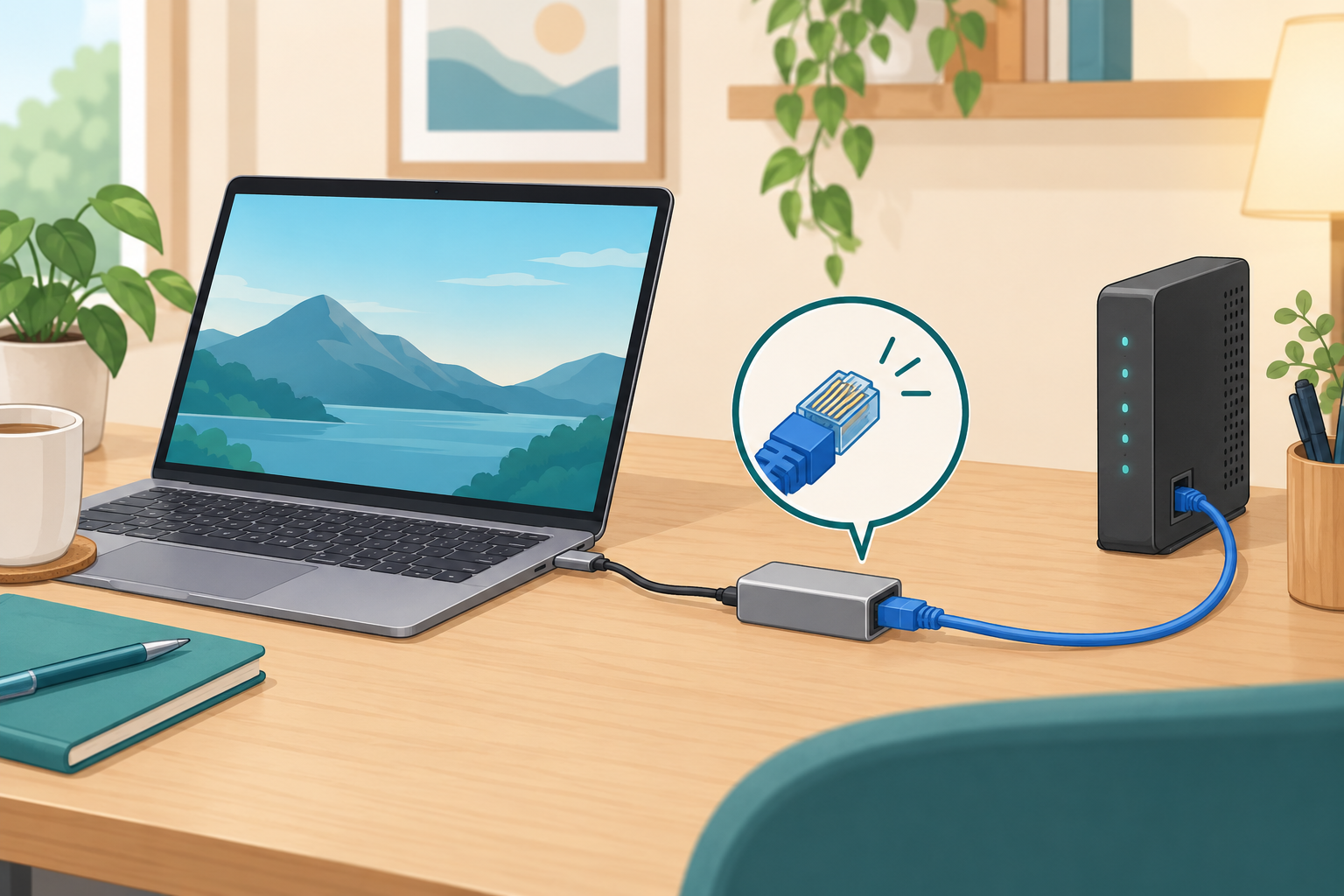 ノートPCを小型アダプターと青いLANケーブルでルーターにつなぐ机上のイラスト