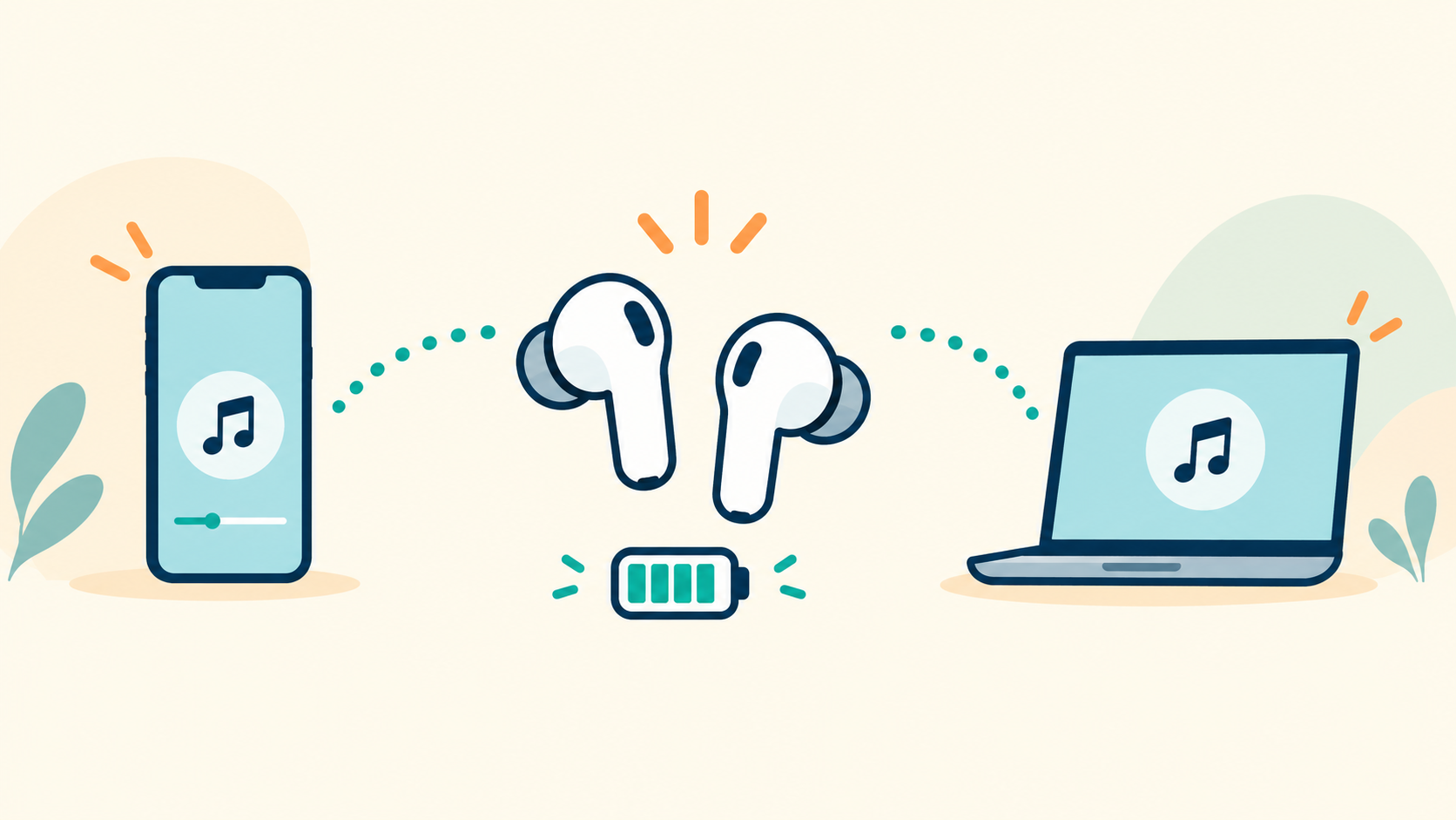 スマートフォンとノートPCをワイヤレスイヤホンにつなぎ、音符と電池を描いたイラスト